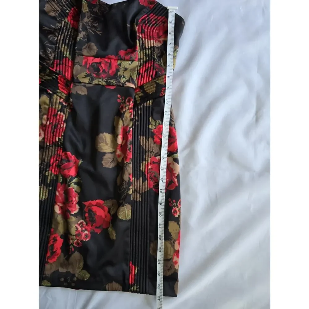GUESS Floral Bodycon Dress Strapless Sweetheart Neck Black Red Brown Size 3 - Picture 4 of 7